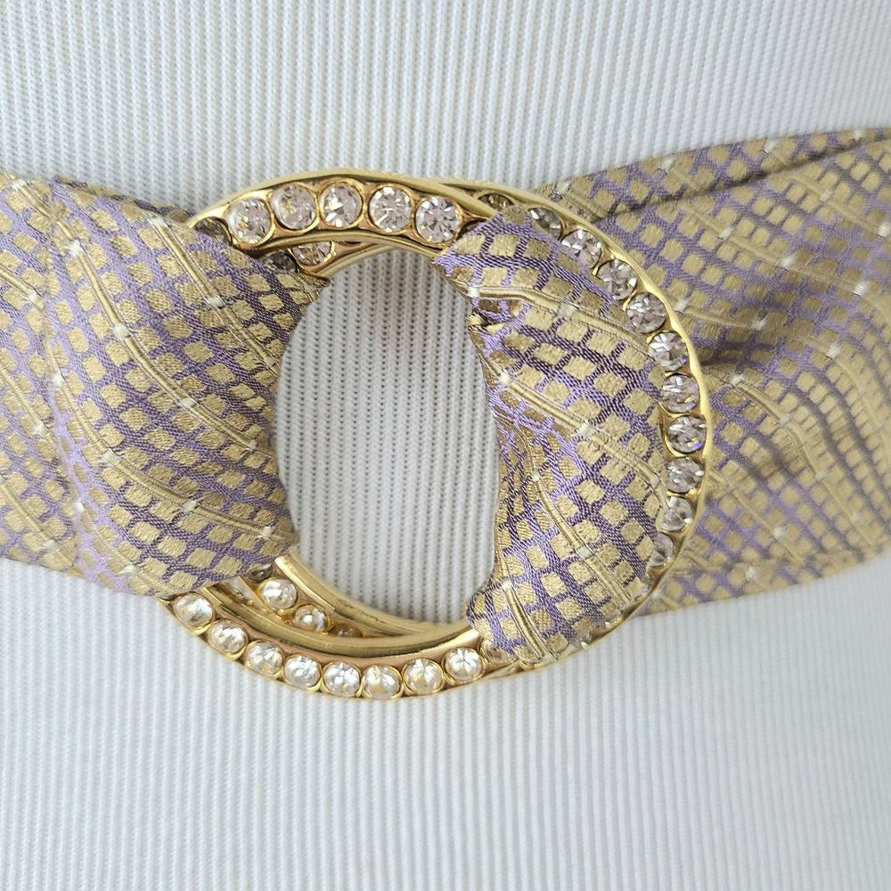 Another Line Silk Tan Paisley Vintage Rhinestone Crystal O-Ring Belt